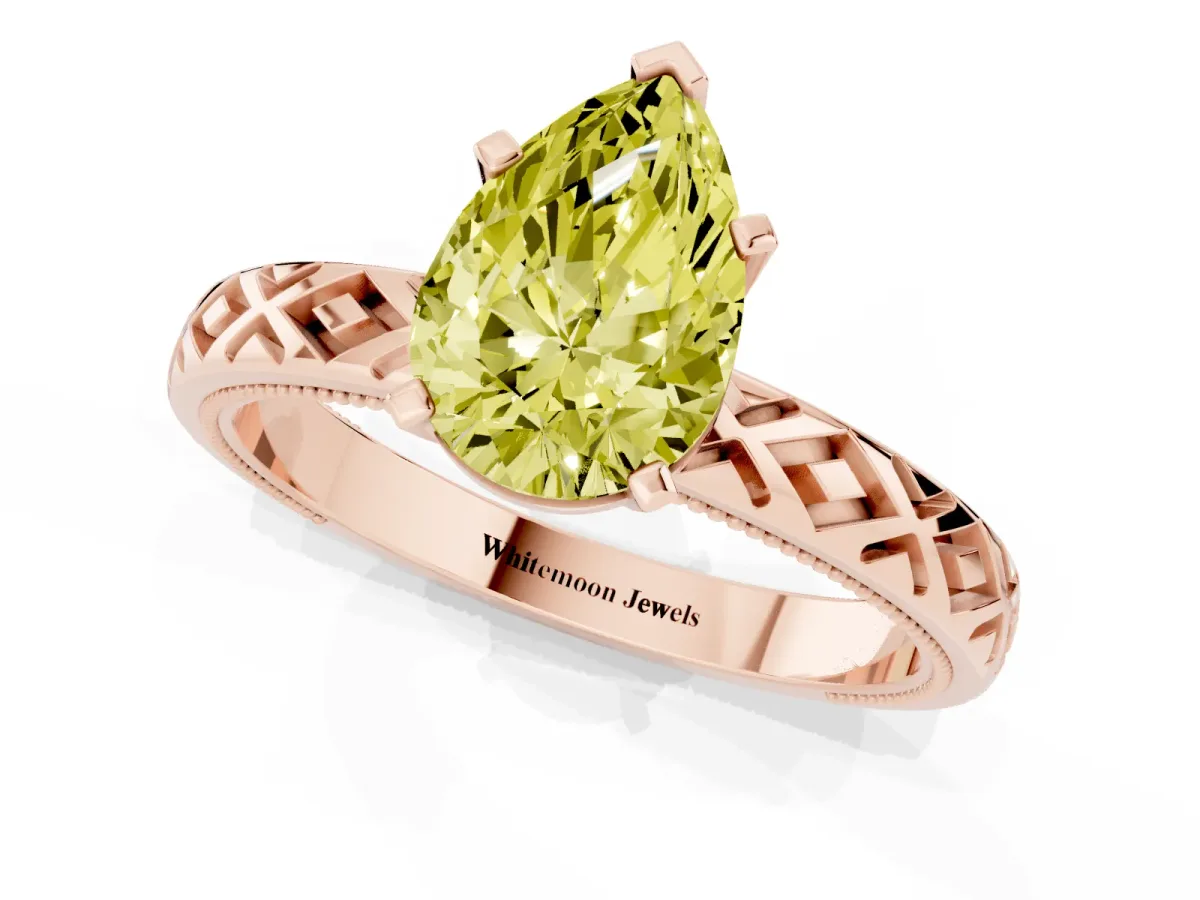 Fancy Yellow Pear Cut Solitaire Diamond Ring with Milgrain and Black Enamel X Pattern Band Rose gold