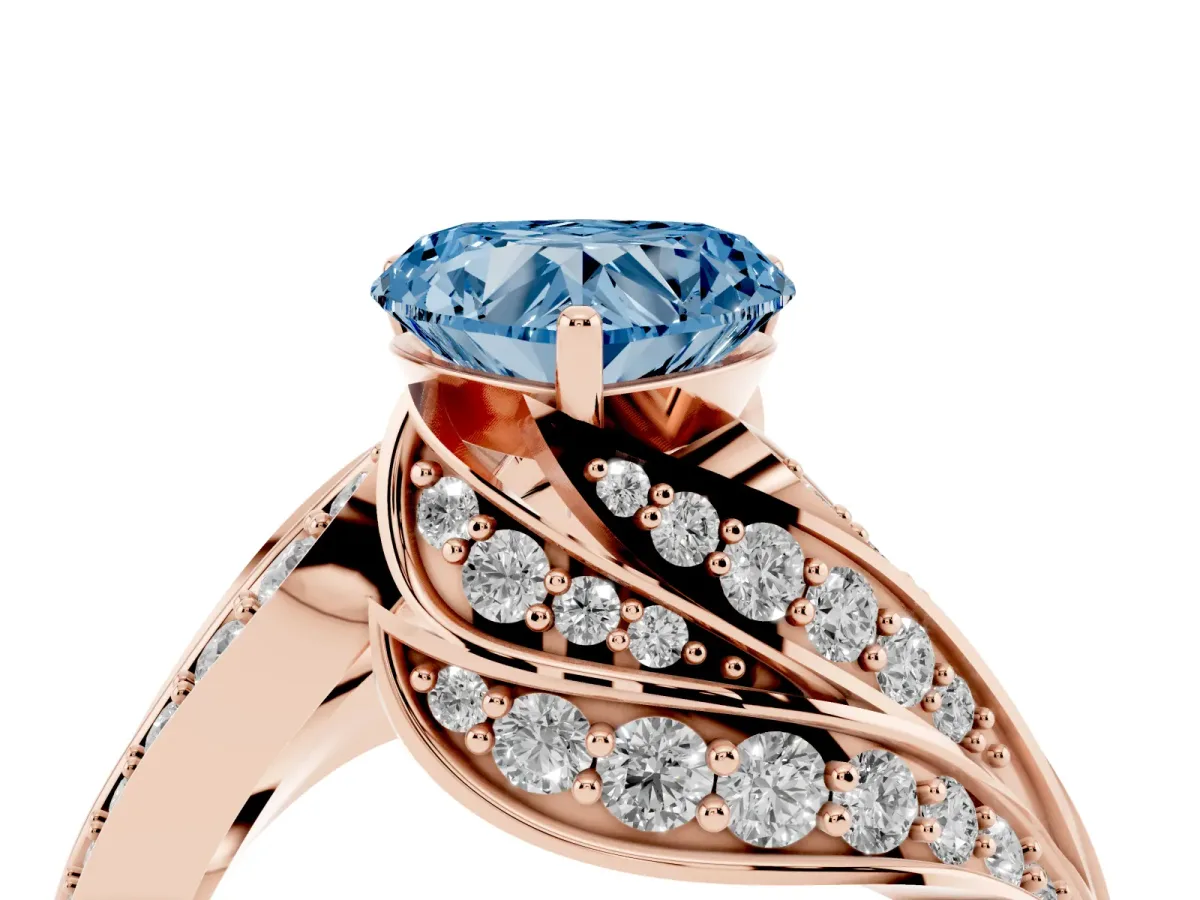 Fancy Blue Heart Cut Diamond Solitaire Ring with Prong Setting and Twisted Pavé Band Rose gold