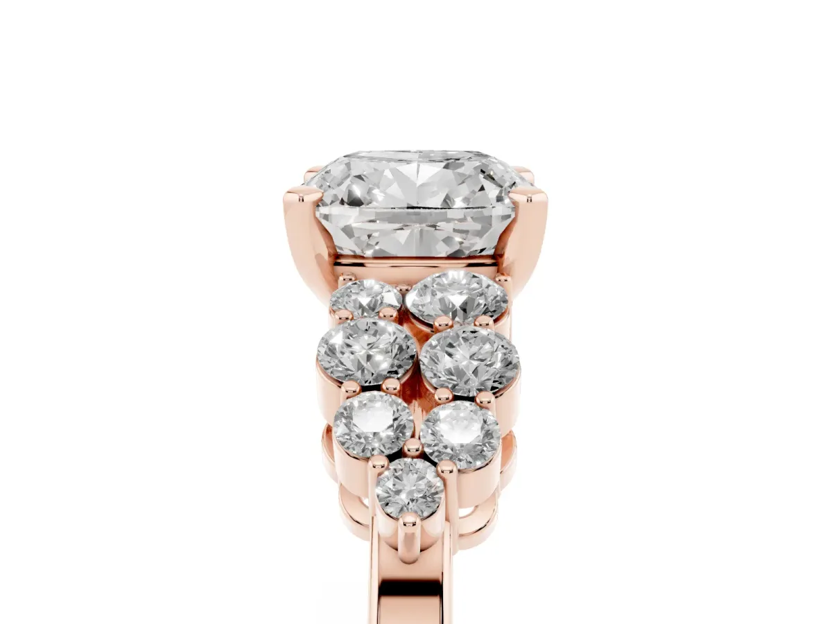 Cushion Cut Cluster Diamond Engagement Ring with Pavé Band and Four-Prong Setting Rose gold