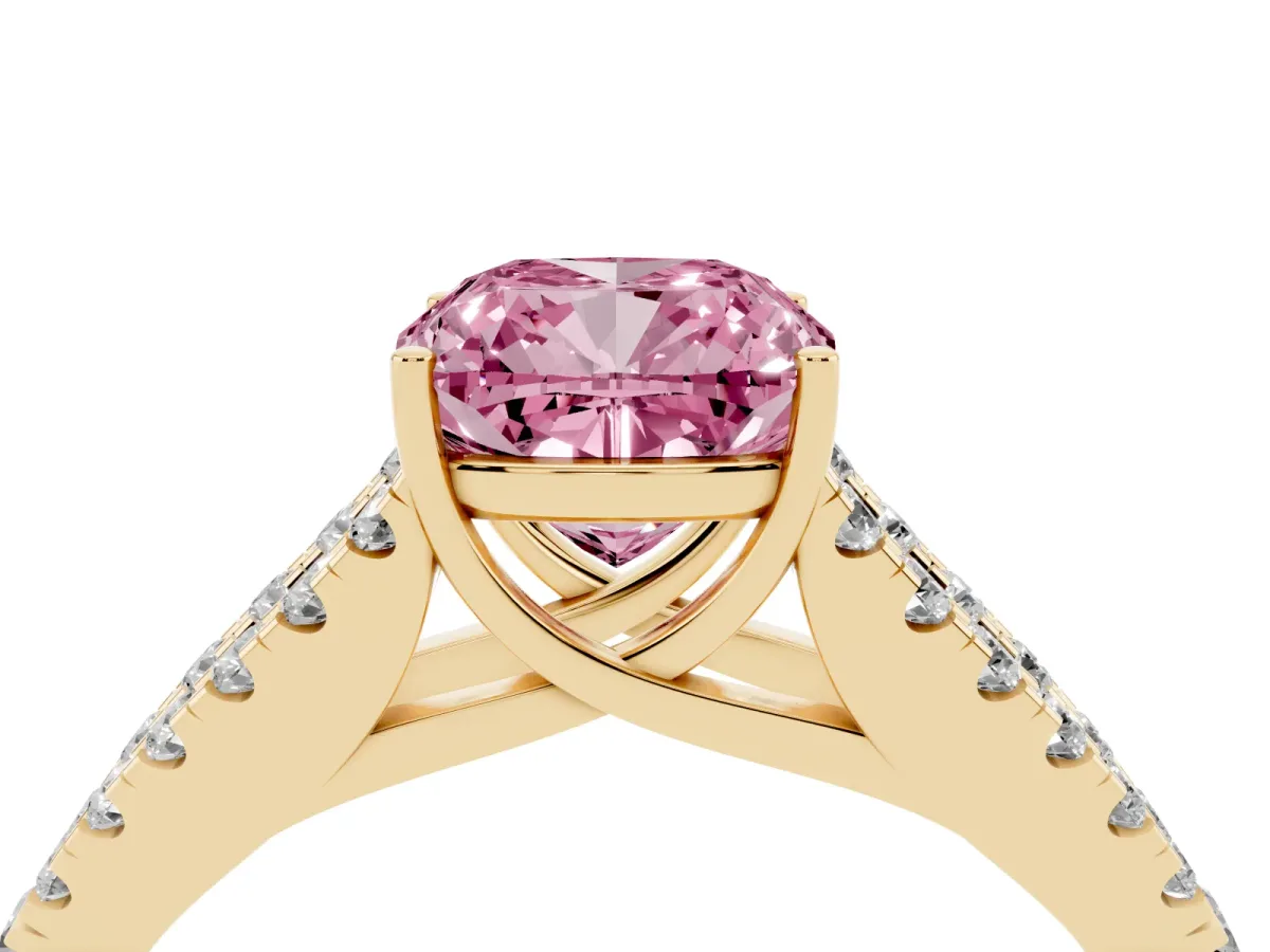 Fancy Pink Cushion Cut Diamond Split Shank Pavé Engagement Ring with Four-Prong Setting Yellow gold