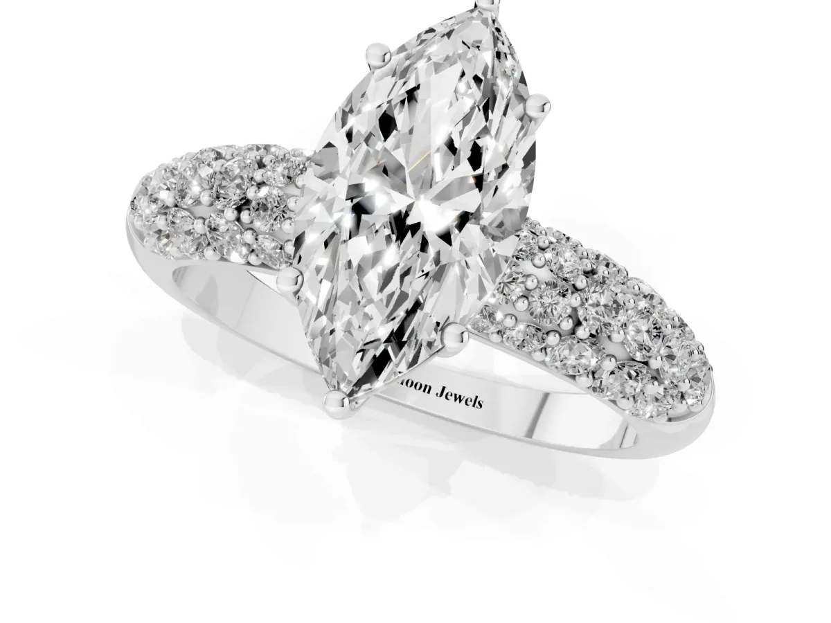 Marquise Cut Diamond Pavé Band Solitaire Ring with Four-Prong Setting Platinum