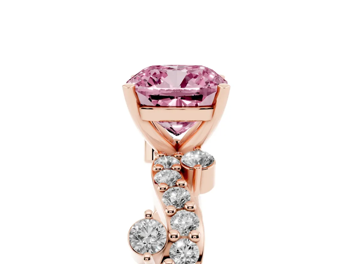 Fancy Pink Cushion Cut Cut Solitaire Diamond Twisted Band with Pave Setting Rose gold
