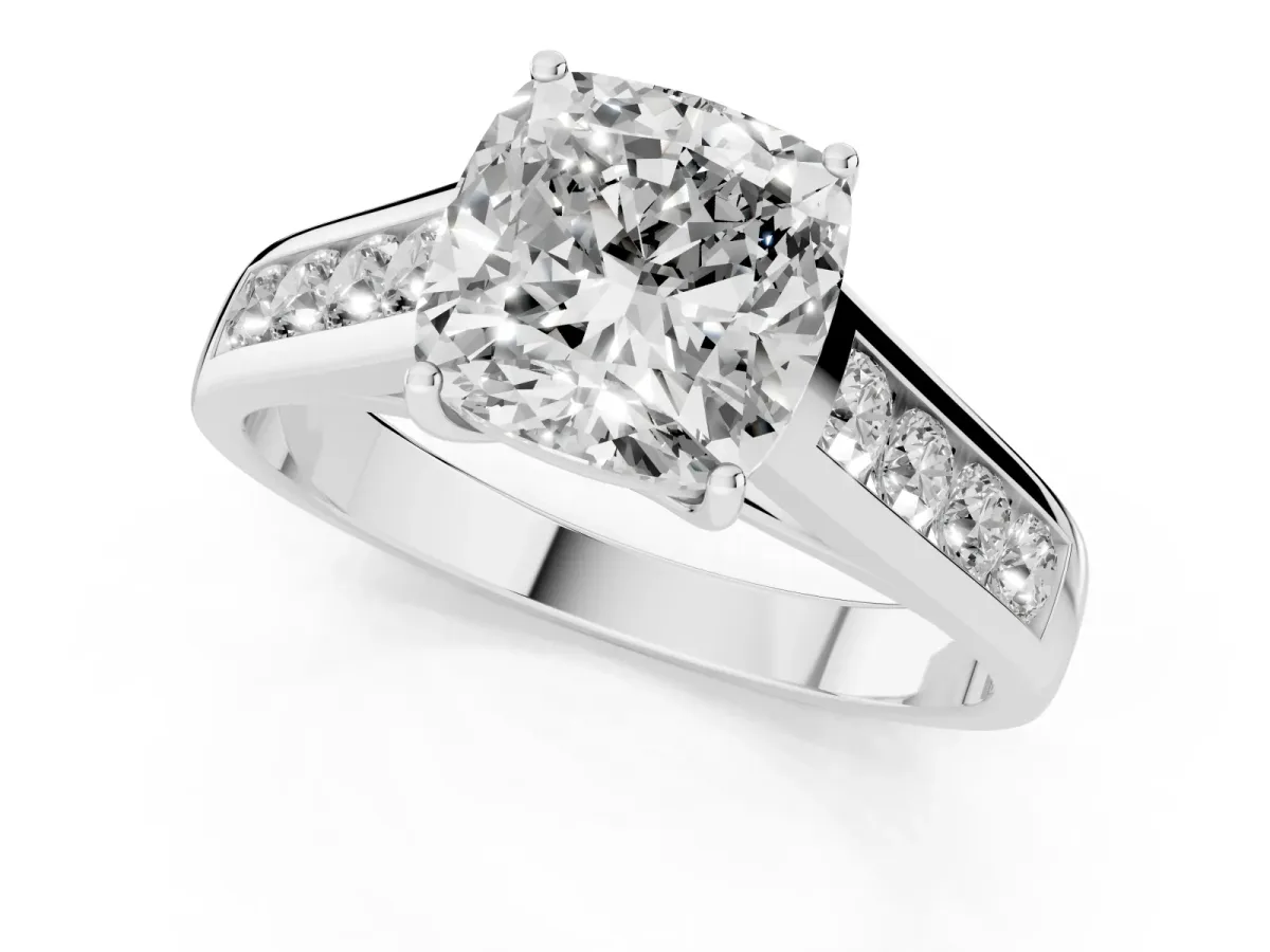 Cushion Cut Brilliant Channel-Set Solitaire Ring with Four-Prong Setting Silver