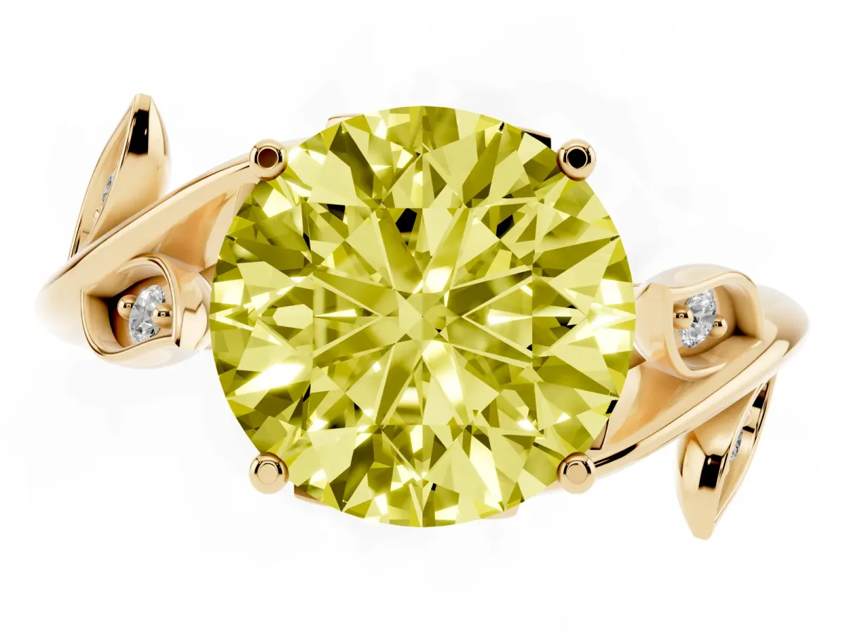 Fancy Yellow Round Cut Solitaire Twist Engagement Ring with Leaf Accents and Prong Setting Yellow gold