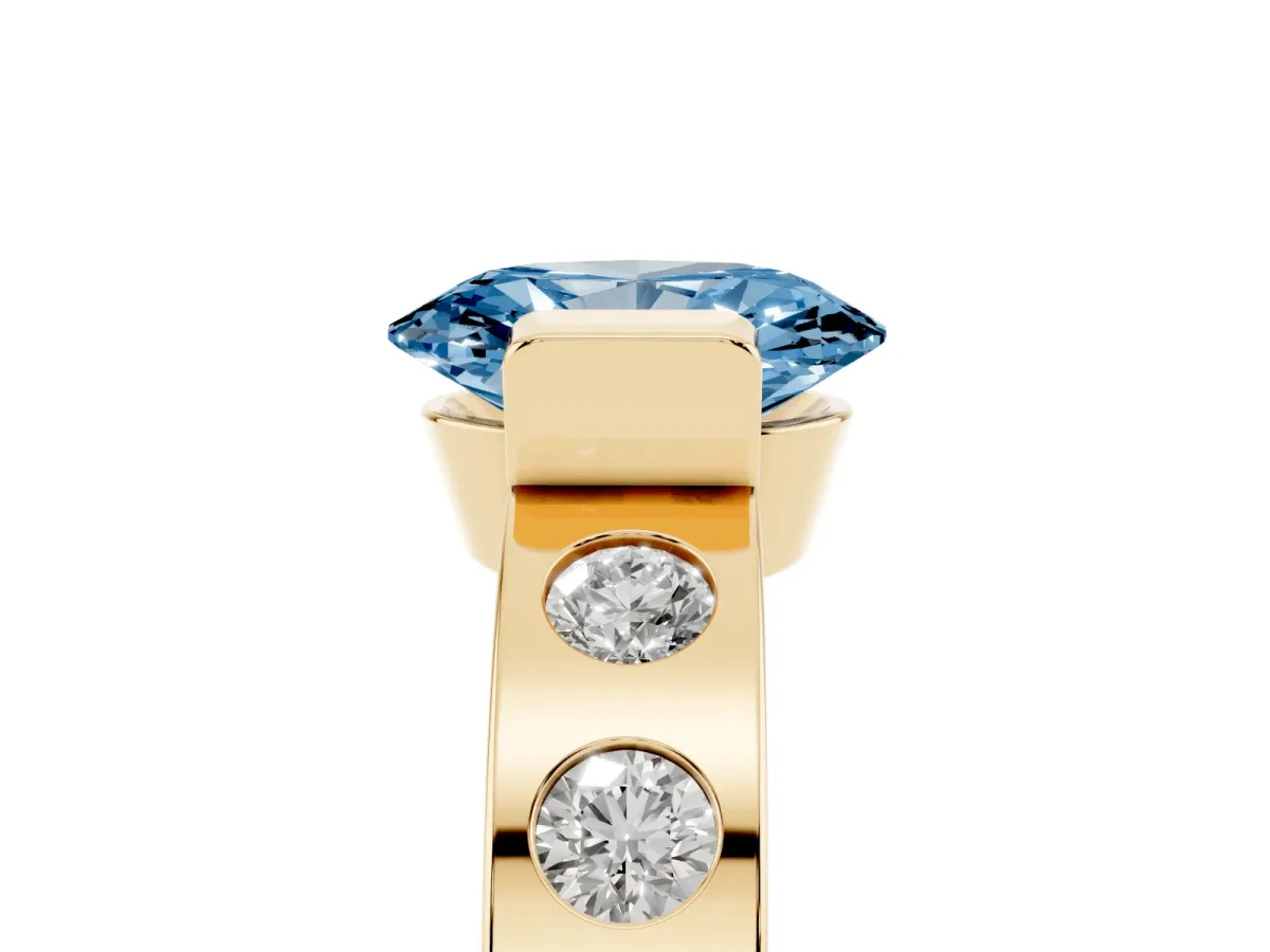 Fancy Blue Oval Cut Brilliant Channel-Set Diamond Ring with Bezel Prong Setting Yellow gold
