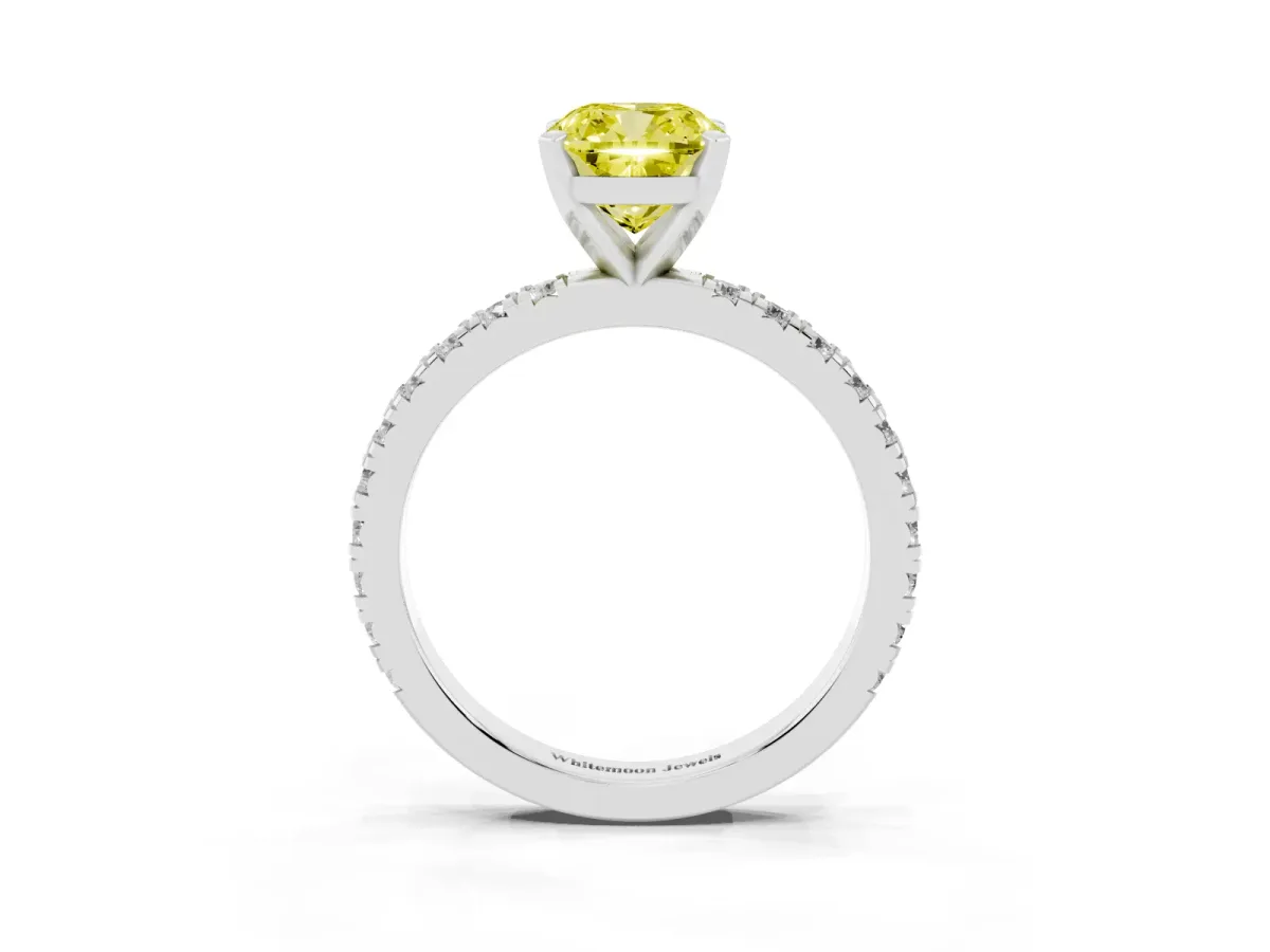 Fancy Yellow Cushion Cut Diamond Pavé Band Solitaire with Four-Prong Setting Silver