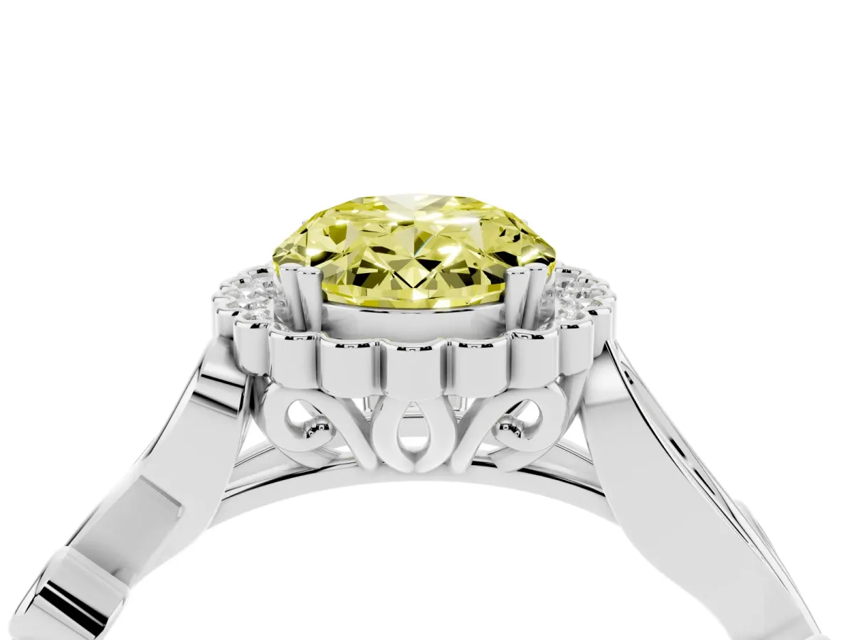 Fancy Yellow Oval Cut Diamond Halo Ring with Vintage Split Shank and Four-Prong Setting Silver