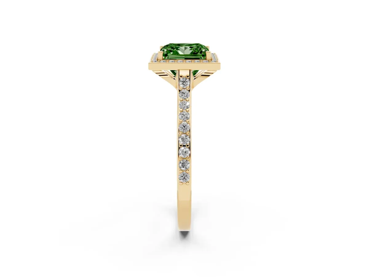 Fancy Green Princess Cut Diamond Halo Engagement Ring with Round Pavé Shoulders and Prong Setting Yellow gold