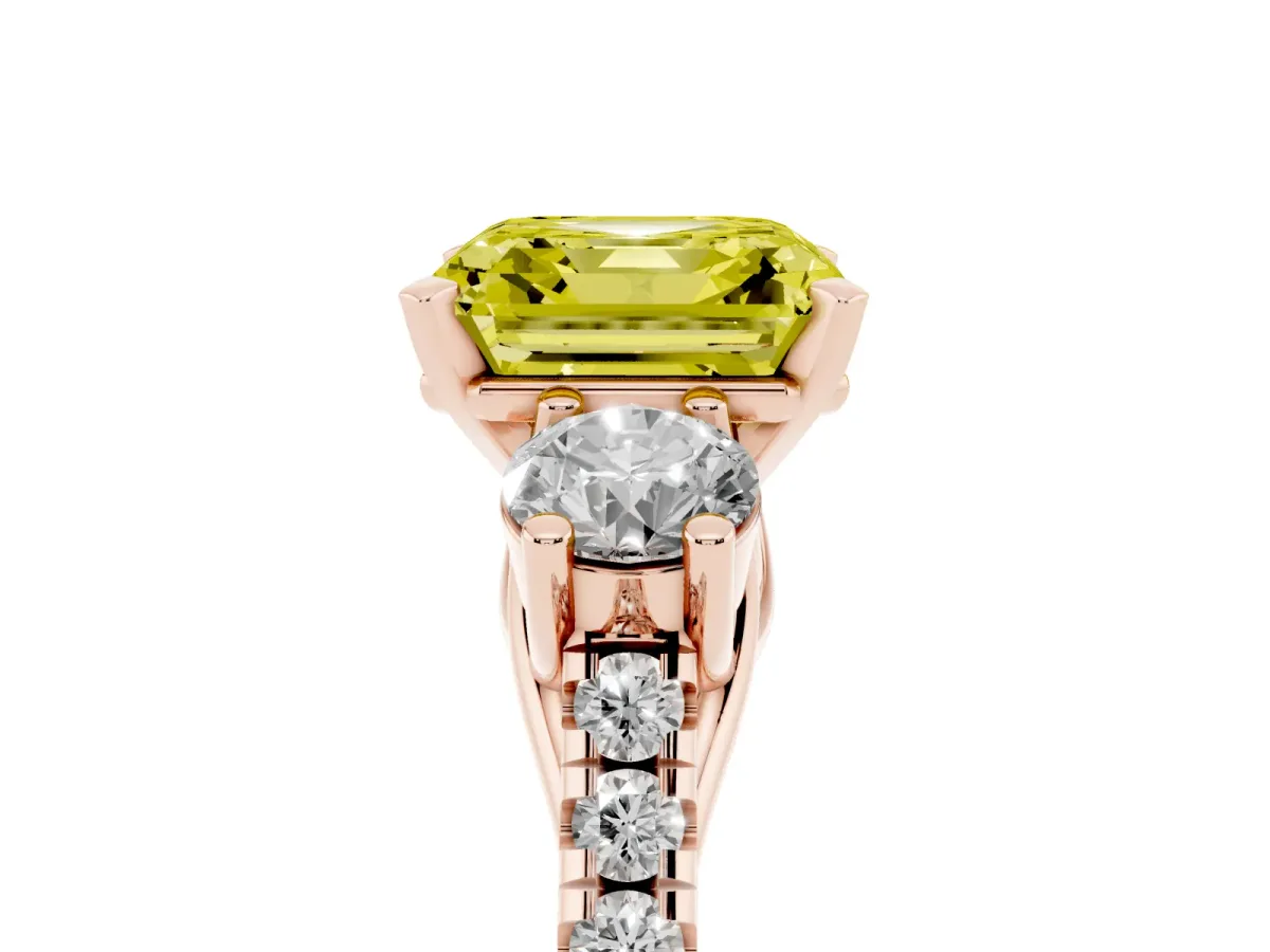 Fancy Yellow Three-Stone Asscher Cut Diamond Pavé Band with Four-Prong Setting Rose gold