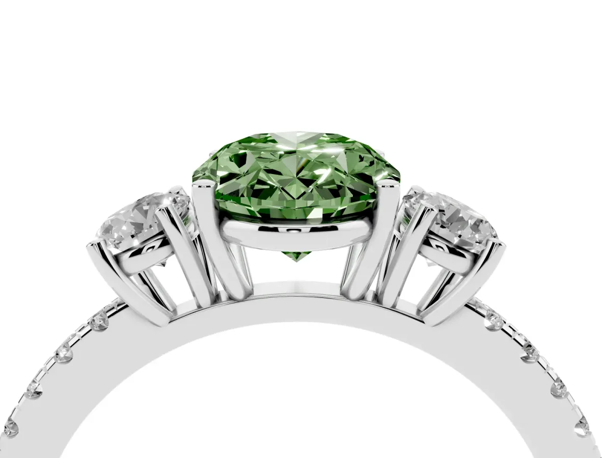 Fancy Green Three-Stone Oval Cut Cut Diamond Pavé Band with Prong Setting Silver