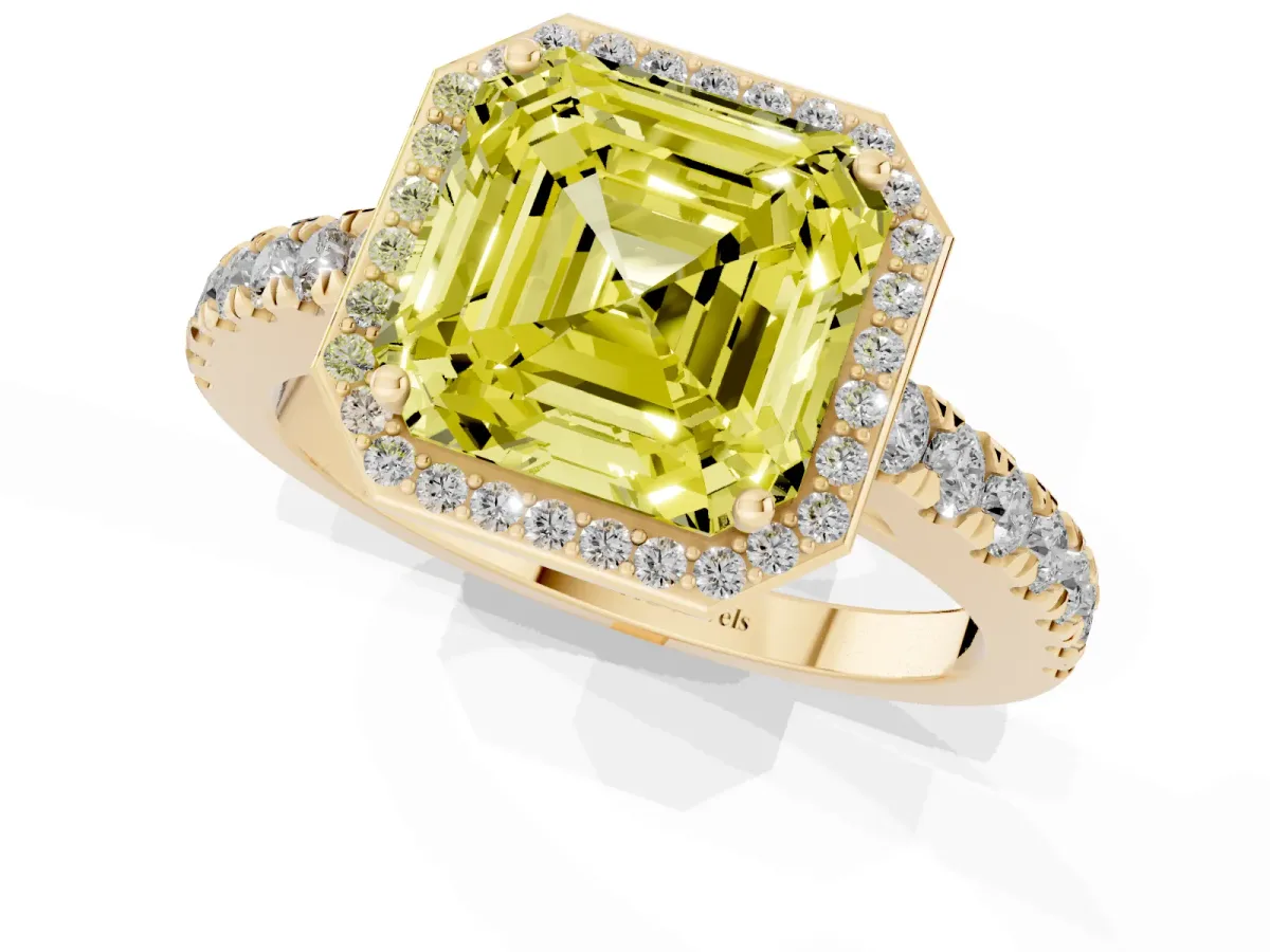 Fancy Yellow Asscher Cut Cut Halo Diamond Engagement Ring with Pave Band and Four-Prong Setting Yellow gold