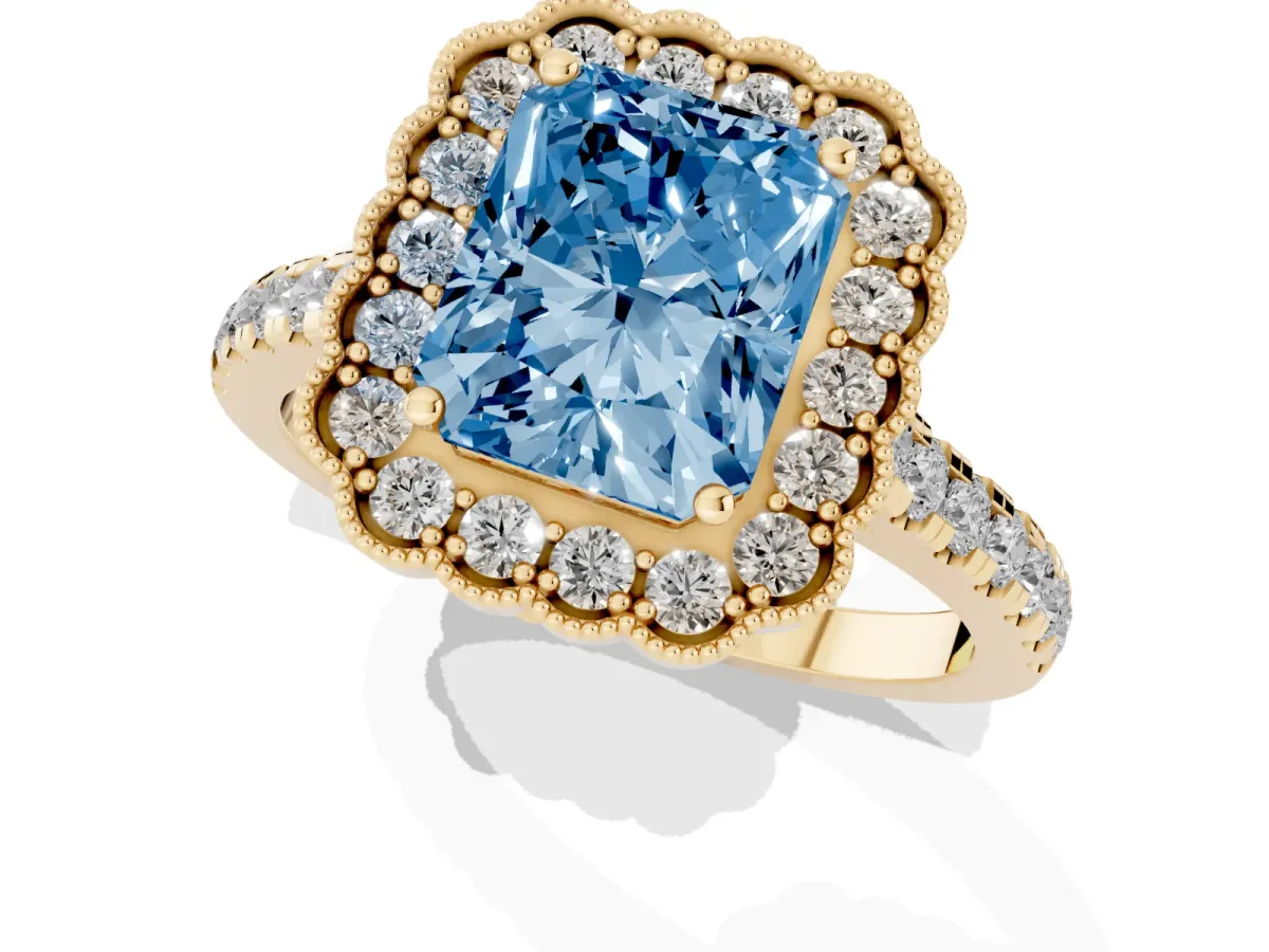 Fancy Blue Radiant Cut Cut Diamond Milgrain Floral Halo Engagement Ring with Pavé Band Yellow gold