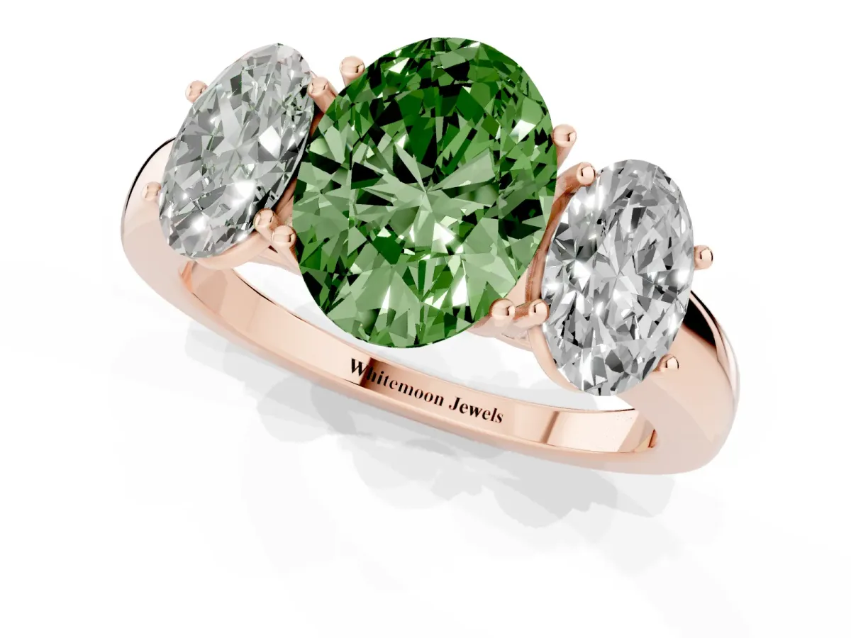 Fancy Green Oval Cut Diamond Three-Stone Ring with Four-Prong Setting and Classic Band Rose gold