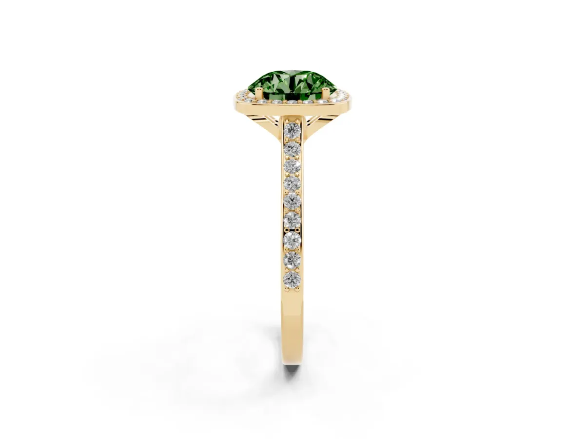 Fancy Green Round Cut Diamond Halo Engagement Ring with Round Pavé Shoulders and Prong Setting Yellow gold