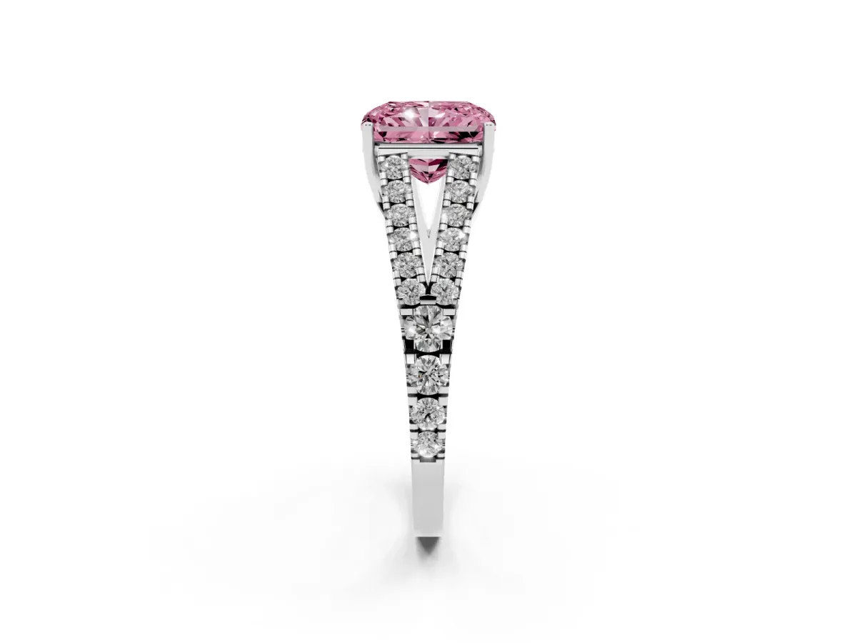 Fancy Pink Radiant Cut Diamond Split Shank Pavé Engagement Ring with Four-Prong Setting Silver