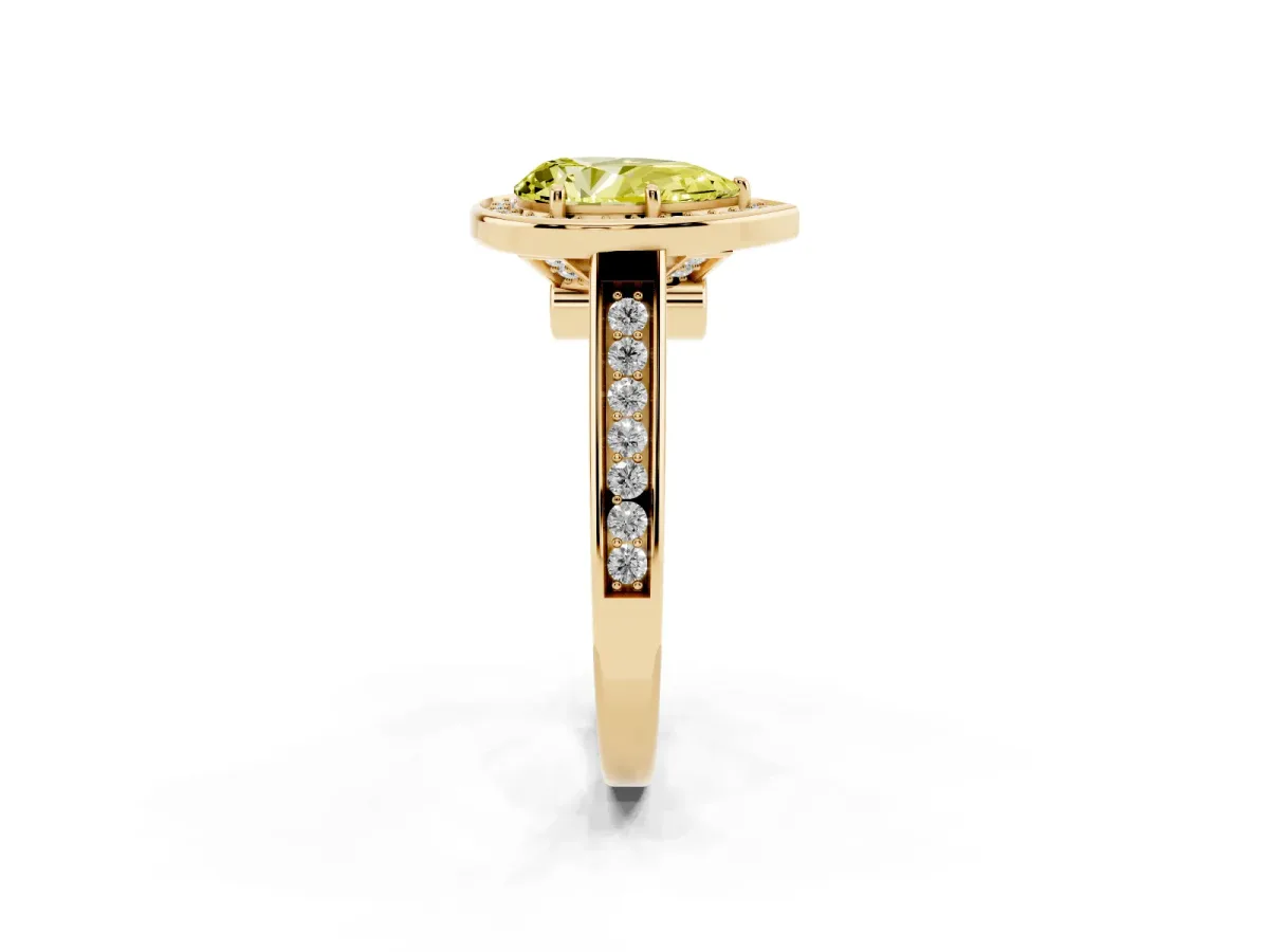 Fancy Yellow Pear Cut Halo Solitaire Diamond Ring with Pave Band and Bezel Setting Yellow gold