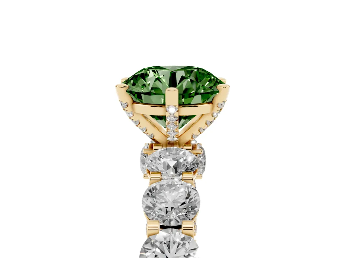 Fancy Green Round Cut Diamond Side Stone Engagement Ring with Four-Prong Setting Yellow gold