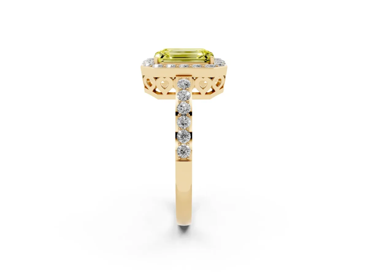 Fancy Yellow Emerald Cut Halo Diamond Pavé Band Ring with Prong Setting Yellow gold