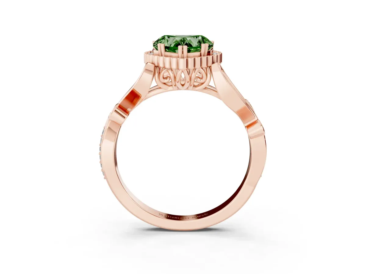 Fancy Green Heart Cut Diamond Halo Ring with Vintage Split Shank and Four-Prong Setting Rose gold