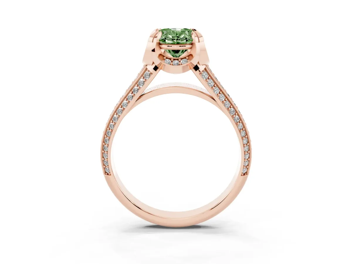 Fancy Green Oval Cut Solitaire Pave Split Shank Ring with Four-Prong Setting Rose gold