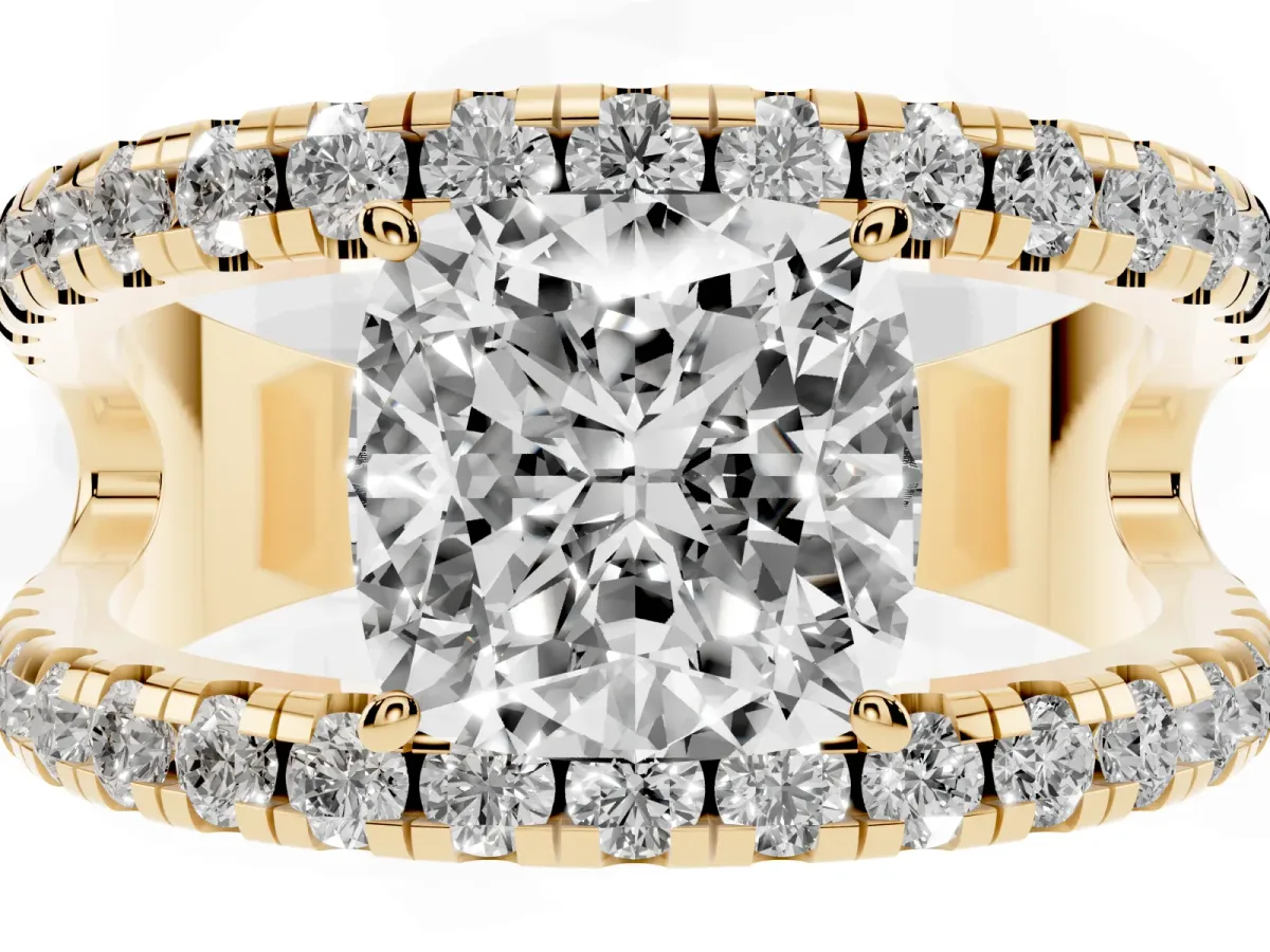 Cushion Cut Solitaire Split Shank Pave Diamond Ring Yellow gold