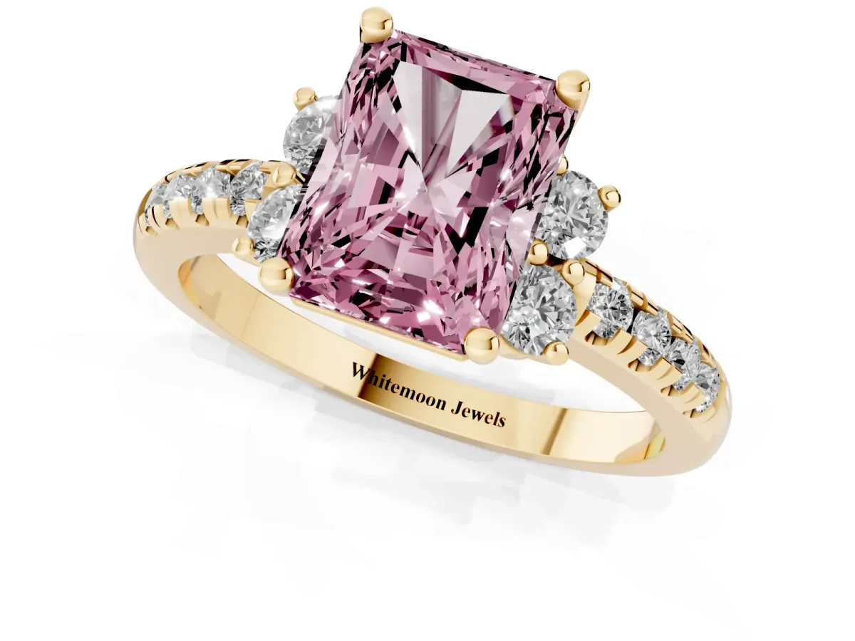 Fancy Pink Radiant Cut Diamond Three-Stone Pave Band with Four-Prong Setting Yellow gold