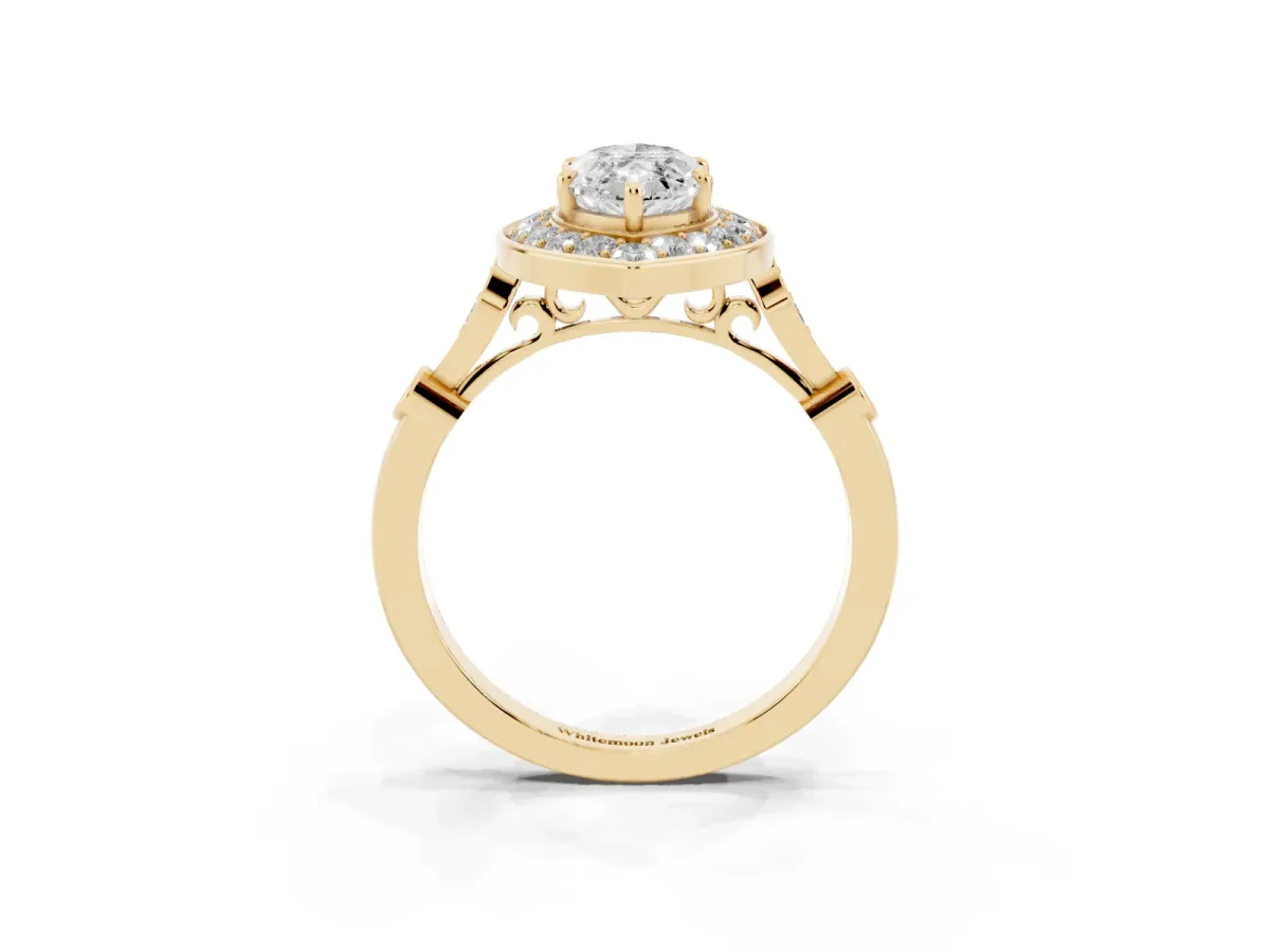 Marquise Cut Halo Diamond Engagement Ring with Twisted Band and Four-Prong Setting Yellow gold