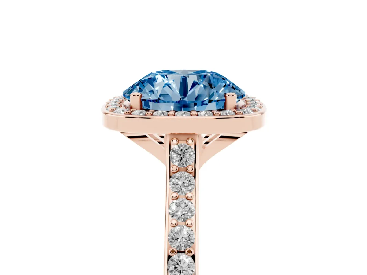 Fancy Blue Round Cut Diamond Halo Engagement Ring with Round Pavé Shoulders and Prong Setting Rose gold