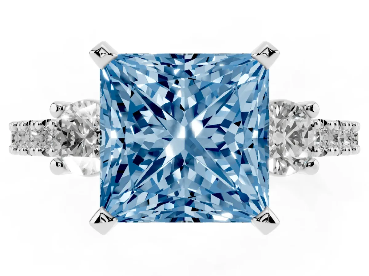 Fancy Blue Princess Cut Three-Stone Diamond Pavé Band with Prong Setting Silver