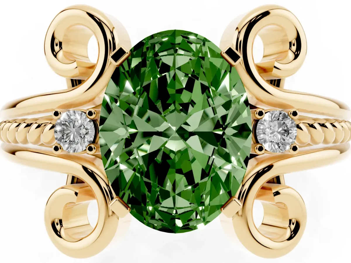 Fancy Green Oval Cut Solitaire Twisted Band Scroll Prong Ring Yellow gold