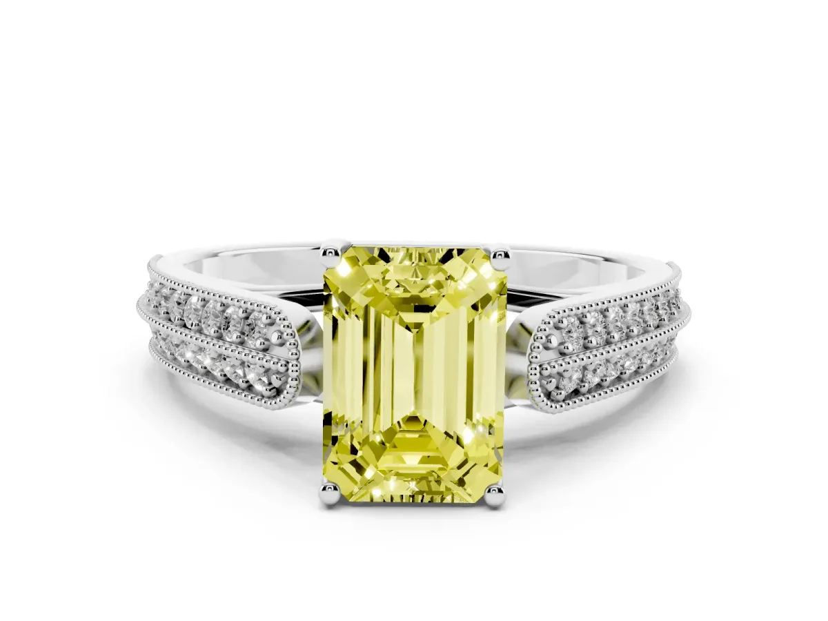 Fancy Yellow Emerald Cut Cut Pave Split Shank Engagement Ring with Four-Prong Setting White gold