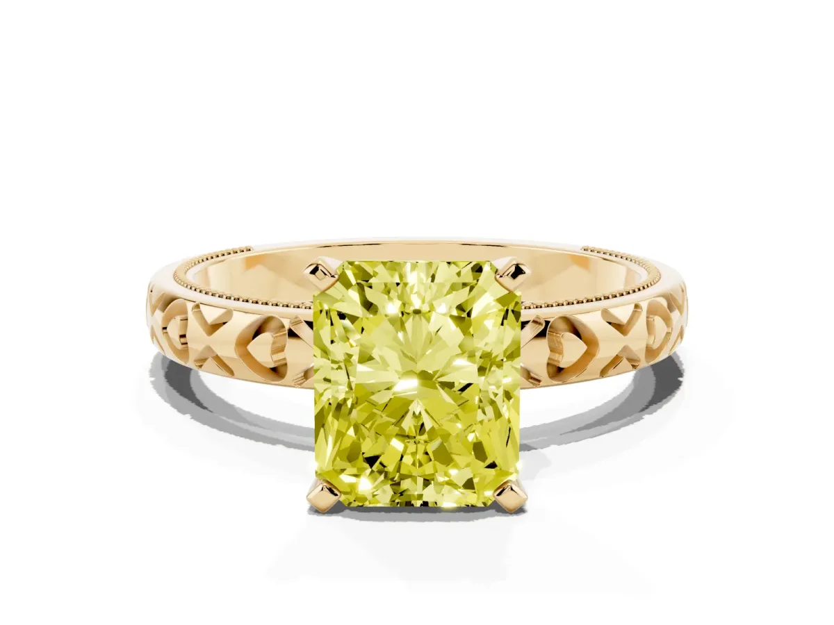 Fancy Yellow Radiant Cut Solitaire Diamond Engagement Ring with XO Engraved Band and Four-Prong Setting Yellow gold