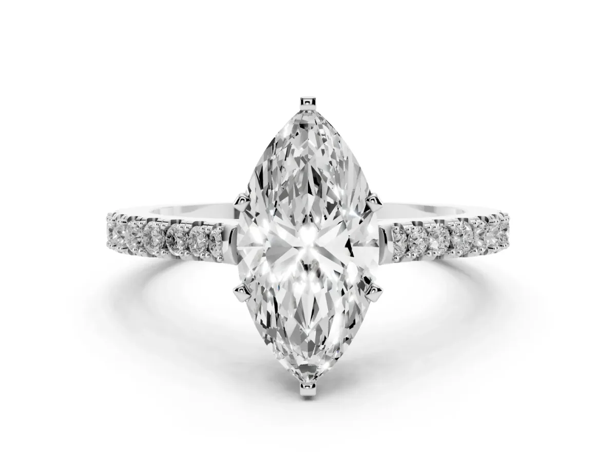 Marquise Cut Cut Solitaire Diamond Engagement Ring with Pave Band and Four-Prong Setting White gold