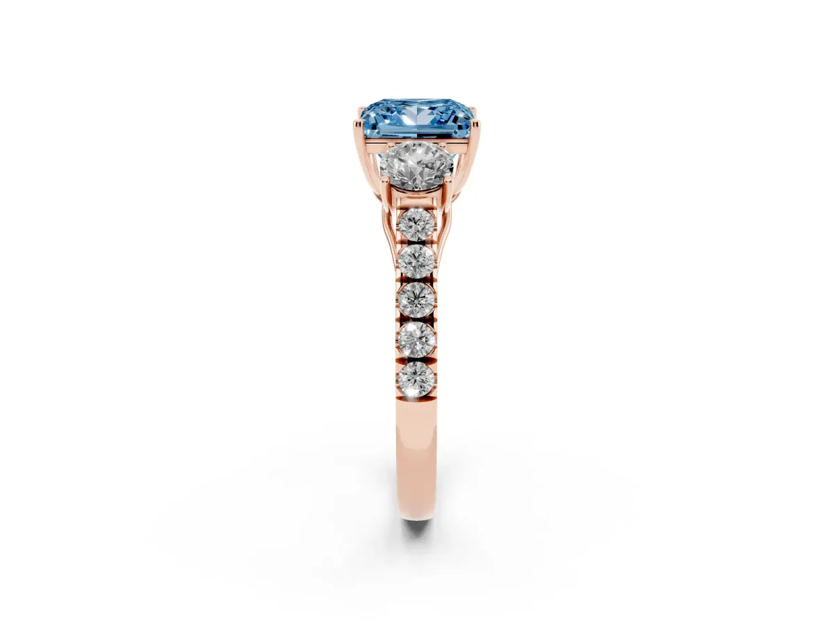 Fancy Blue Princess Cut Cut Diamond Three-Stone Ring with Round Side Stones and Pavé Band Rose gold