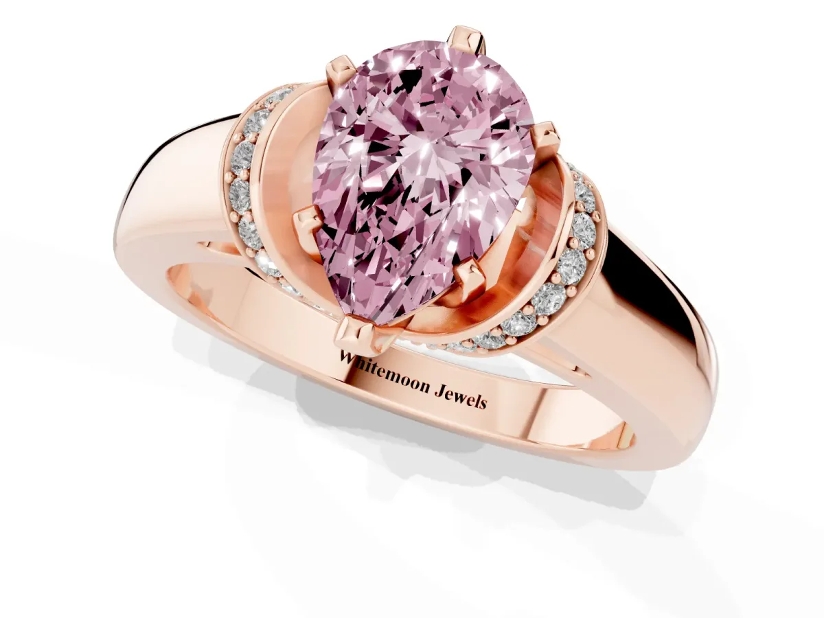 Fancy Pink Pear Cut Solitaire Diamond Ring with Pave Band and Six-Prong Setting Rose gold
