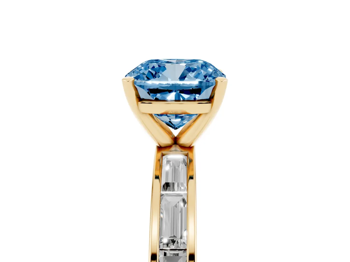 Fancy Blue Cushion Cut Solitaire Diamond Ring with Channel-Set Baguette Band and Four-Prong Setting Yellow gold