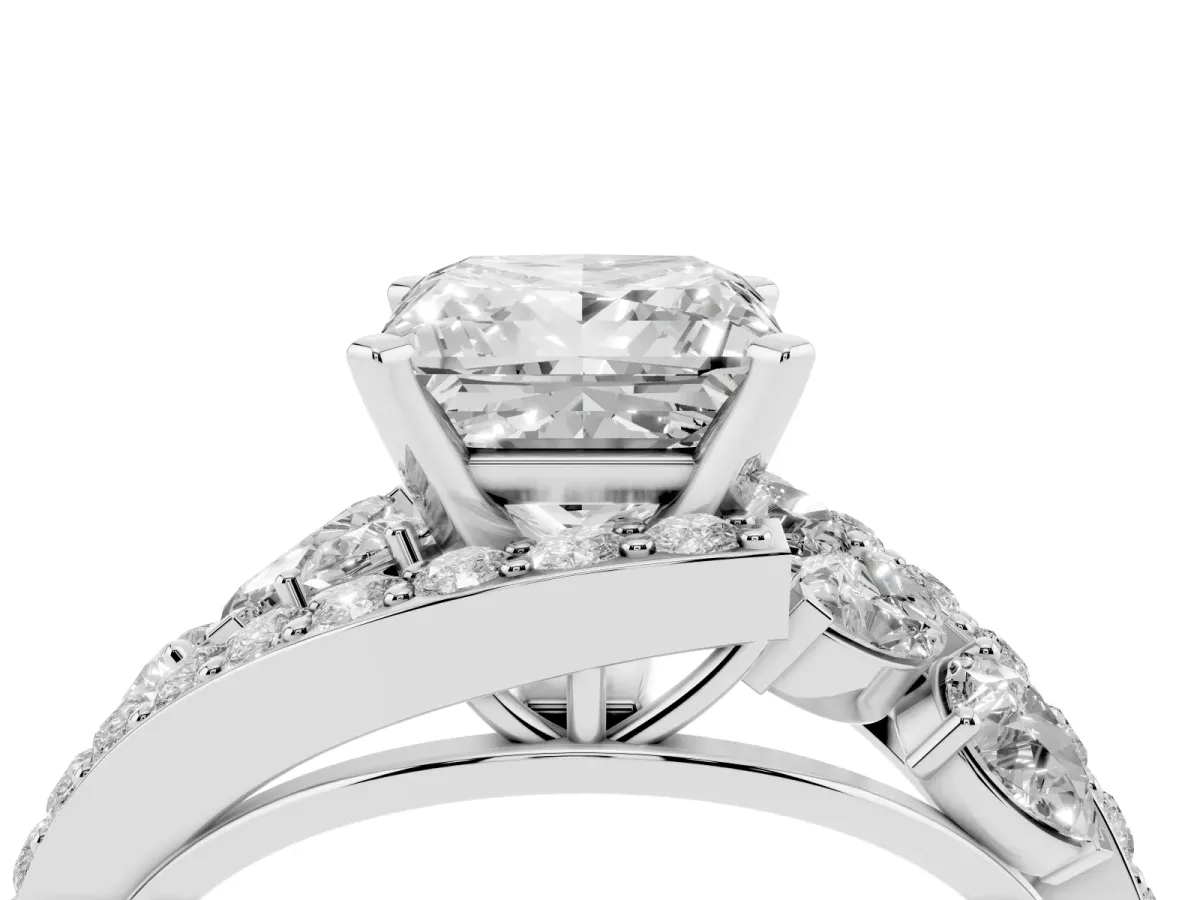 Princess Cut Diamond Halo Ring with Marquise and Pavé Band in Prong Setting White gold