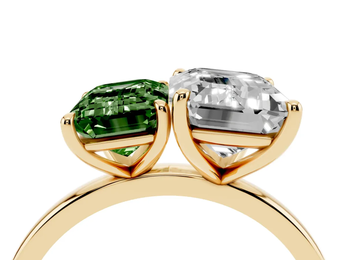 Fancy Green Emerald Cut and Emerald Cut Toi Moi Ring with Prong Setting Yellow gold