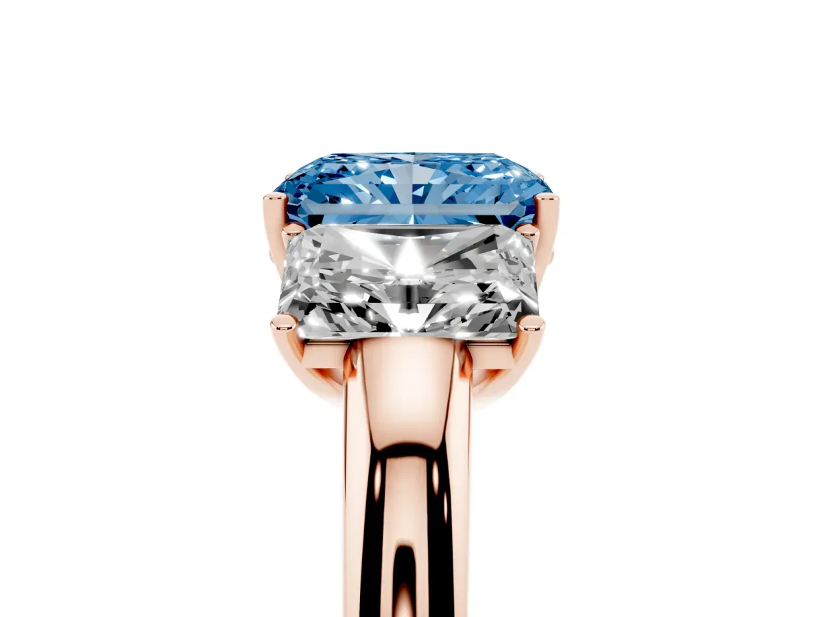 Fancy Blue Radiant Cut Diamond Three-Stone Ring with Four-Prong Setting and Classic Band Rose gold