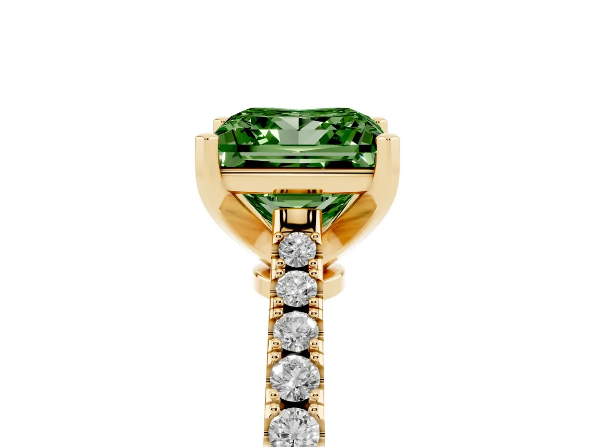Fancy Green Princess Cut Cut Solitaire Diamond Engagement Ring with Pave Band and Four-Prong Setting Yellow gold