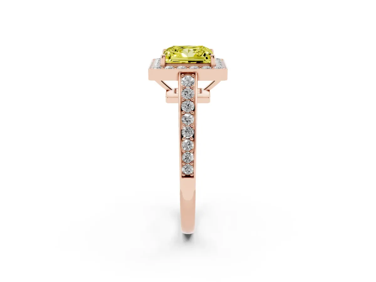 Fancy Yellow Princess Cut Halo Pavé Diamond Engagement Ring with Bezel Setting Rose gold