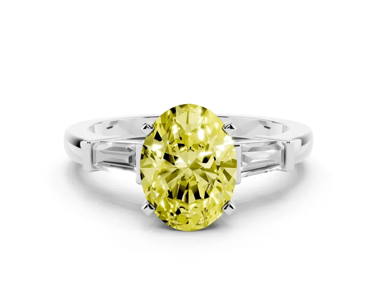 Fancy Yellow Oval Cut Cut Diamond Solitaire Ring with Tapered Baguette Accents and Four-Prong Setting Platinum