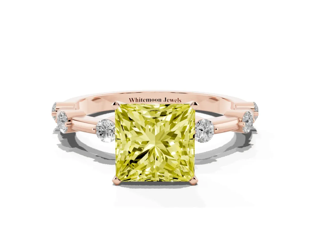 Fancy Yellow Princess Cut Solitaire Diamond Ring with Bezel Set Side Stones and Prong Setting Rose gold