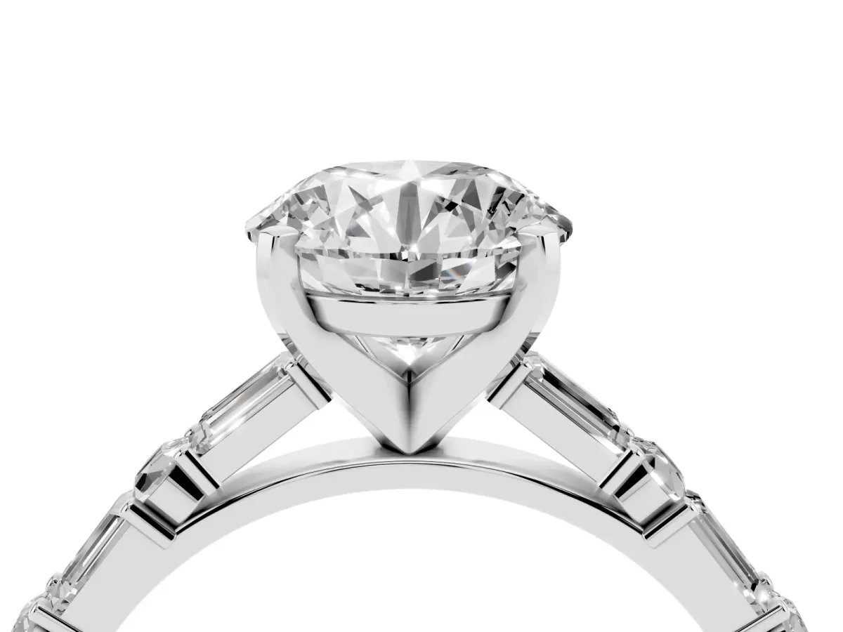 Round Cut Diamond Solitaire with Side Baguettes and Channel Set Band Silver