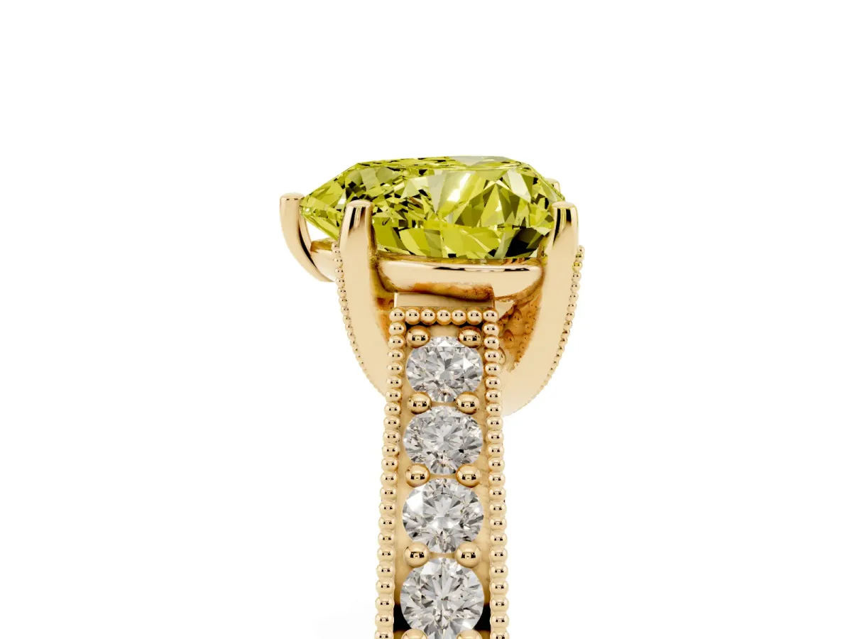 Fancy Yellow Heart Cut Cut Diamond Solitaire Ring with Milgrain Pave Band and Four Prong Setting Yellow gold