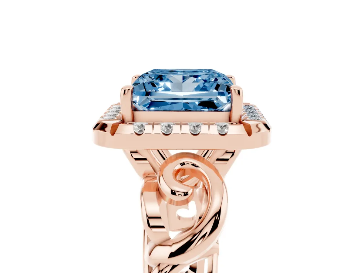 Fancy Blue Princess Cut Cut Halo Diamond Ring with Scrollwork Band and Four-Prong Setting Rose gold