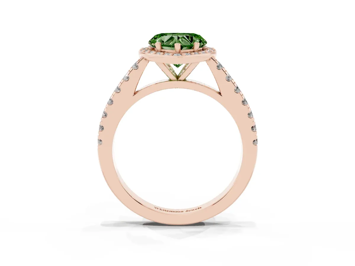 Fancy Green Heart Cut Cut Halo Diamond Engagement Ring with Pave Band and Four-Prong Setting Rose gold