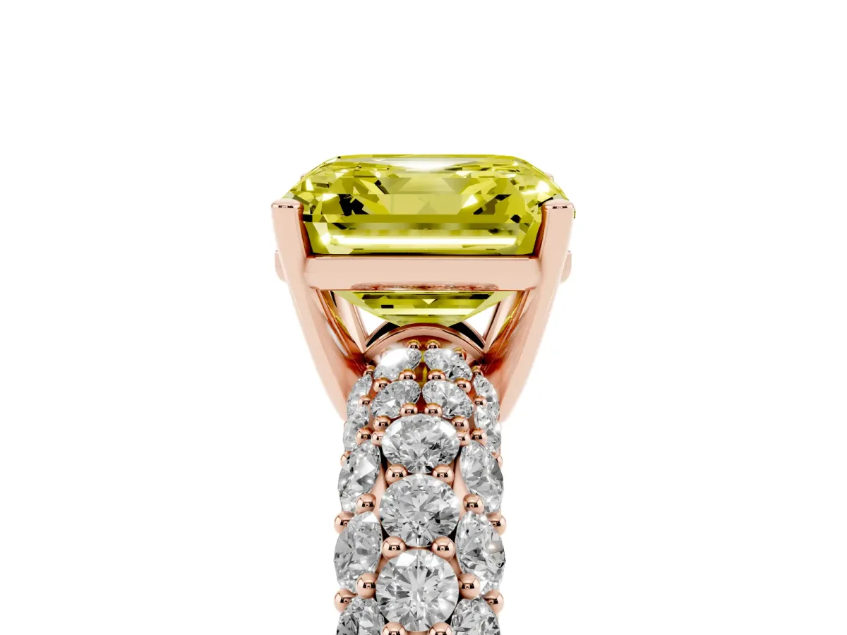 Fancy Yellow Asscher Cut Diamond Pavé Band Solitaire Ring with Four-Prong Setting Rose gold