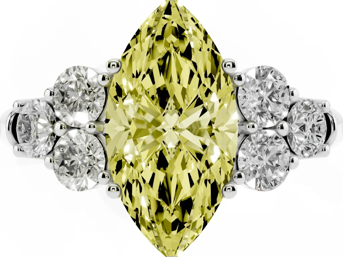 Fancy Yellow Marquise Cut Cut Diamond Cluster Ring with Round Accent Stones and Prong Setting on a Classic Band Silver
