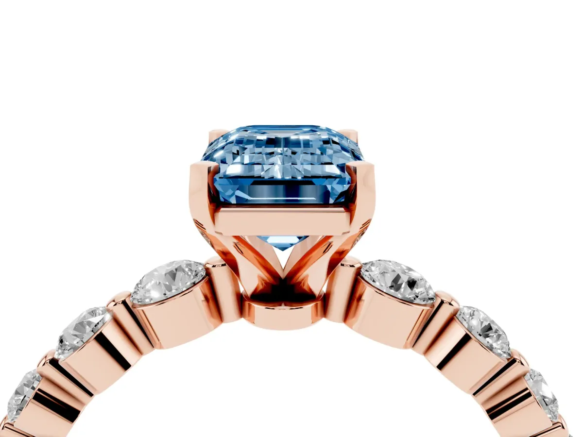 Fancy Blue Emerald Cut Solitaire Diamond Ring with Pave Band and Four-Prong Setting Rose gold
